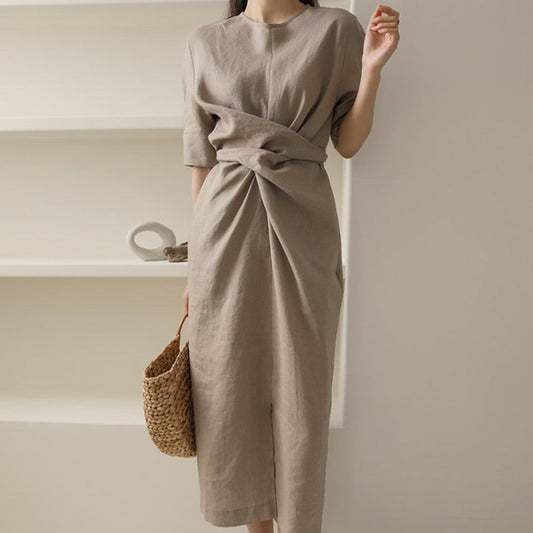 Leichtgewicht Khaki Sommerkleid mit verstellbarem Bund – Isalie