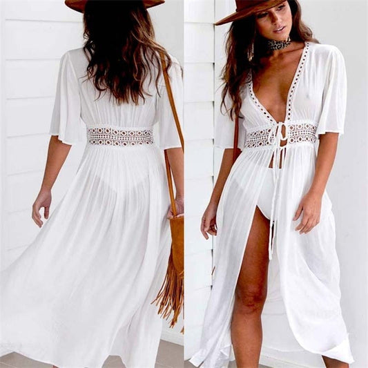 Lange Strandkleid mit Spitzenakzenten und Schleifenverschluss – Elena