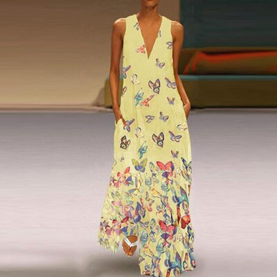 Trendy Ärmelloses Maxi-Sommerkleid mit Schmetterlingsmuster – Malia
