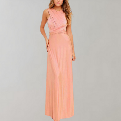 Damen Wickelkleid Rosa, festlich, ärmellos, lang, ideal für Hochzeit, elegantes Design.