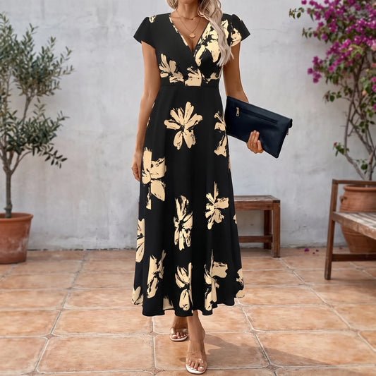 Kurzärmliges Sommerkleid Midi Mit V-Ausschnitt - Janet