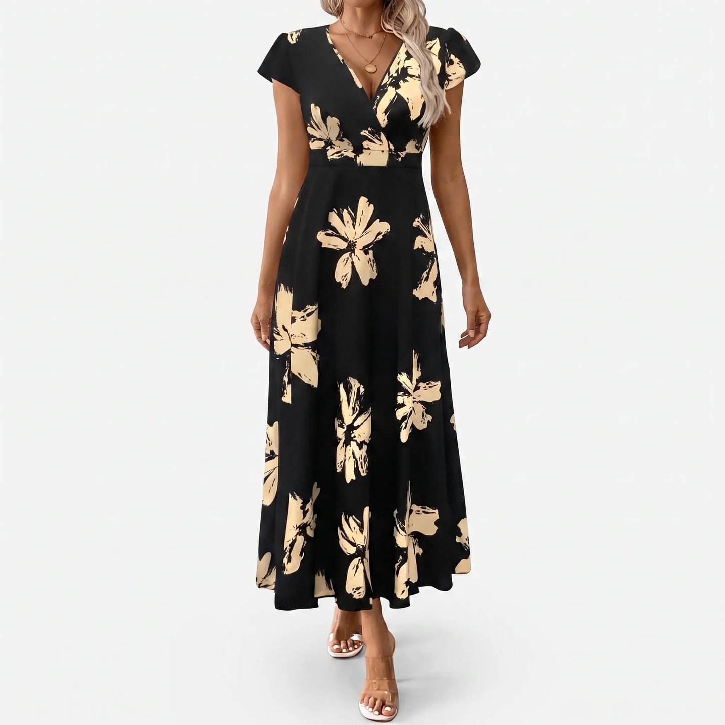 Kurzärmliges Sommerkleid Midi Mit V-Ausschnitt - Janet