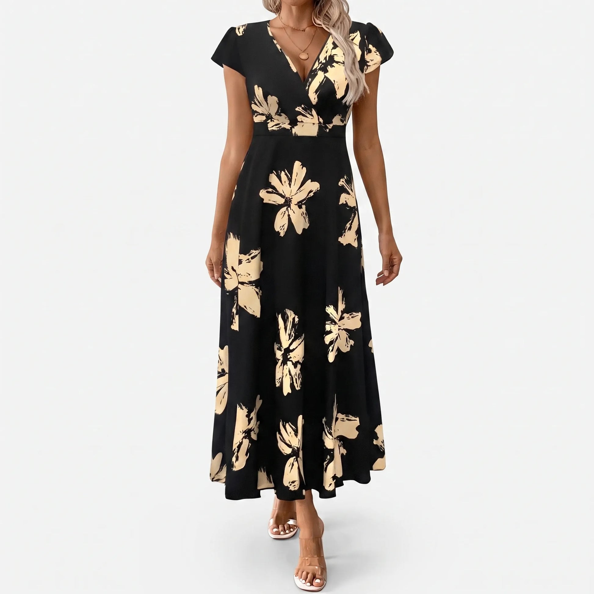 Kurzärmliges Sommerkleid Midi Mit V-Ausschnitt - Janet