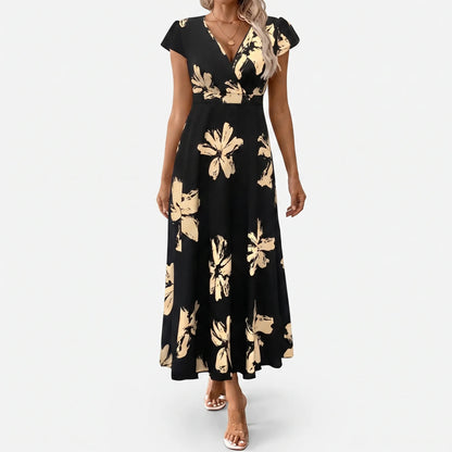 Kurzärmliges Sommerkleid Midi Mit V-Ausschnitt - Janet
