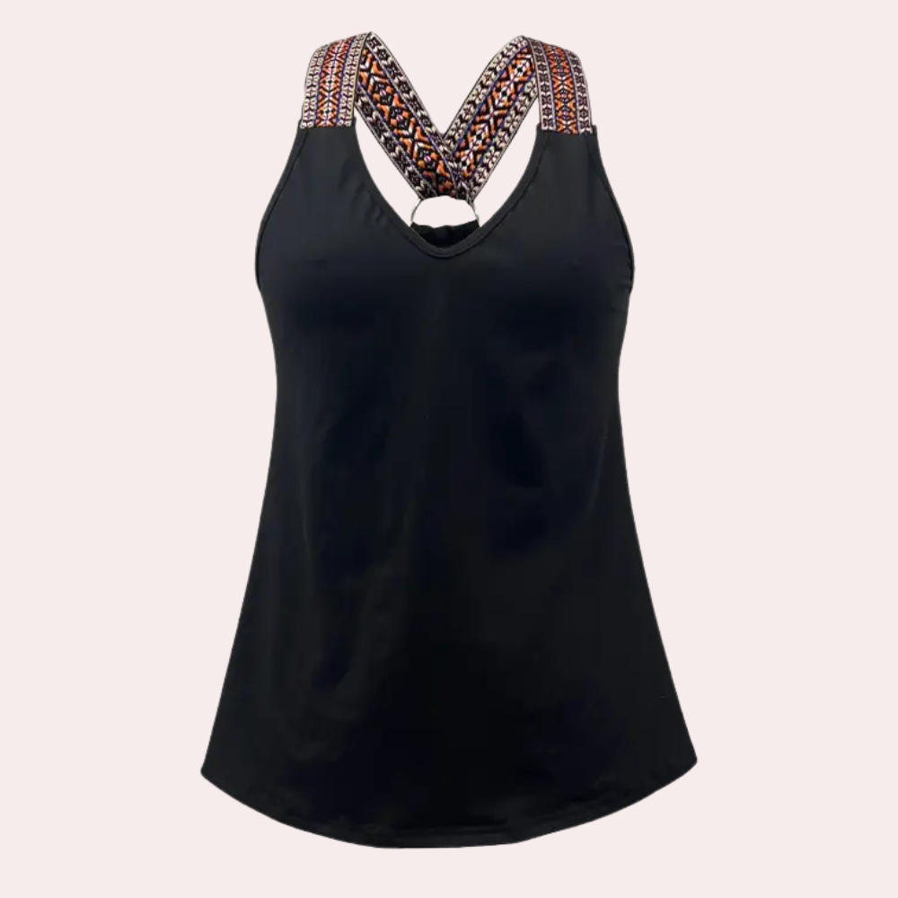Schwarzes Damen-Top mit gemusterten Trägern, ärmellos, V-Ausschnitt, Sommermode.