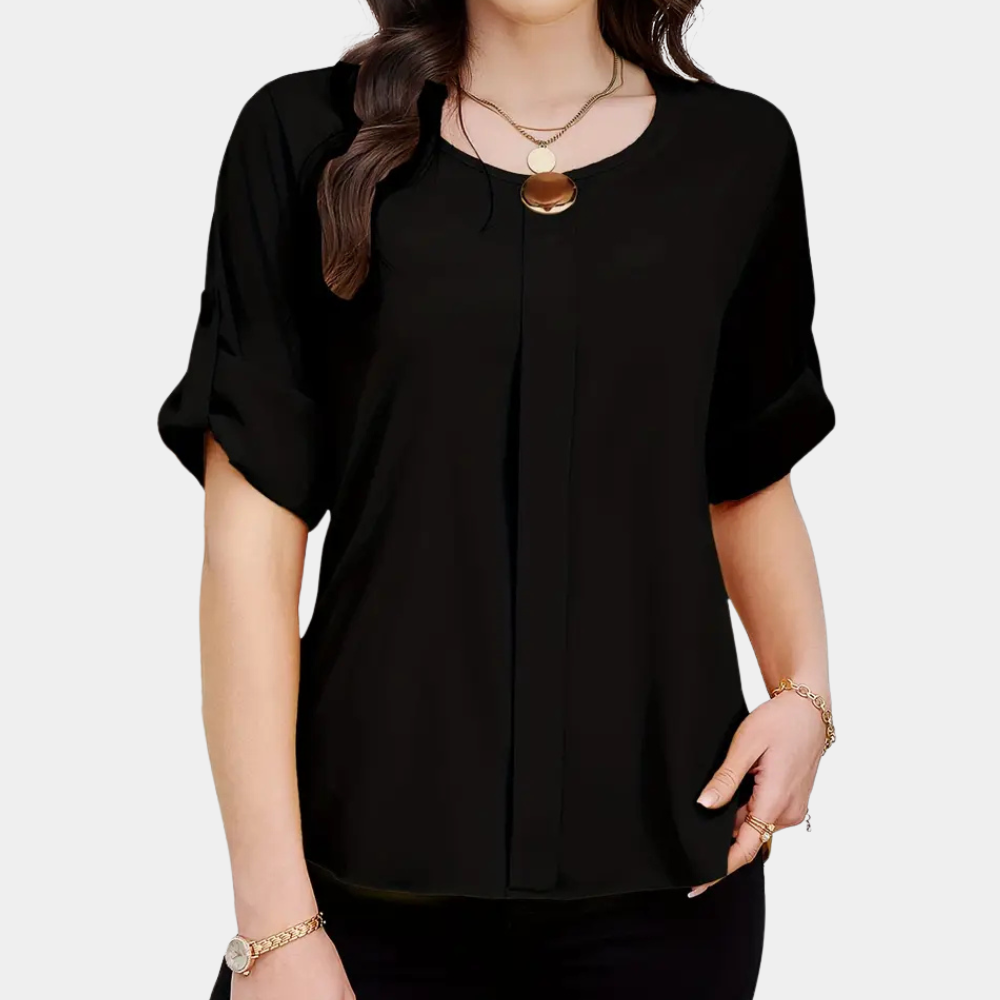 Damenbluse schwarz, kurzärmelig, lässig, Rundhalsausschnitt, elegantes Design, Modekleidung.