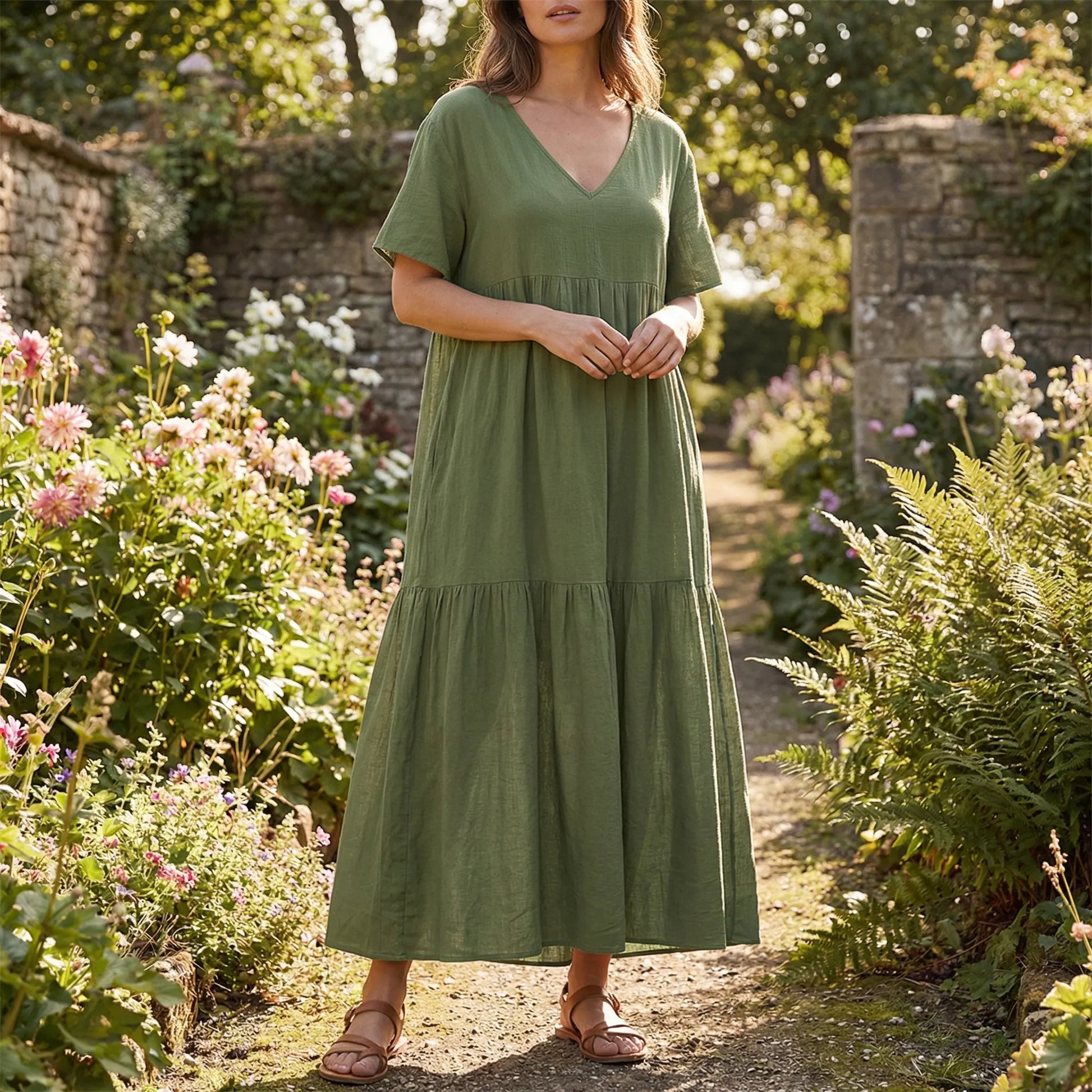 Langes Damenkleid Mit V-Ausschnitt Und Weitem Schnitt - Blanca
