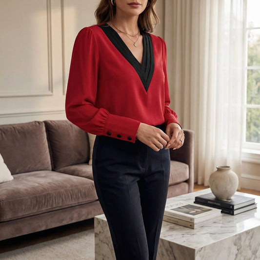 Long-Sleeve V-Neck Contrast Blouse - Genevieve