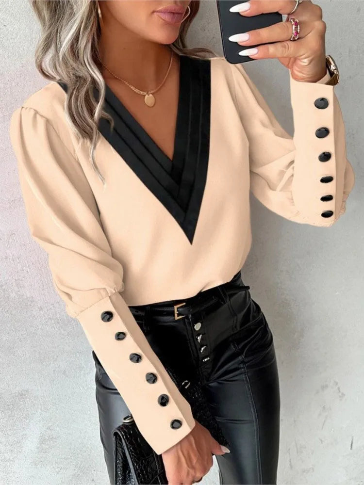 Long-Sleeve V-Neck Contrast Blouse - Genevieve