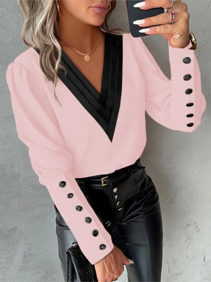 Long-Sleeve V-Neck Contrast Blouse - Genevieve