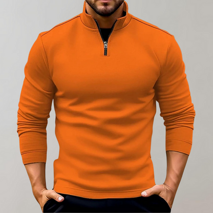 Orange Herrenpullover mit Reißverschluss, Langarm, Baumwolle, modisch, bequem, Freizeitkleidung.