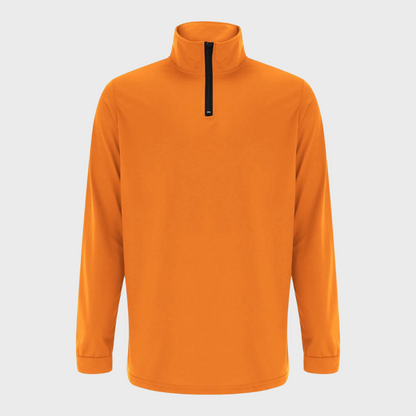 Orange Herrenpullover mit Reißverschluss, Langarm, Stehkragen, aus Baumwolle, modisch und bequem.