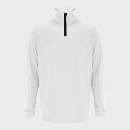 Weißer Herren-Pullover mit Reißverschluss, Langarm, Stehkragen, atmungsaktives Material.