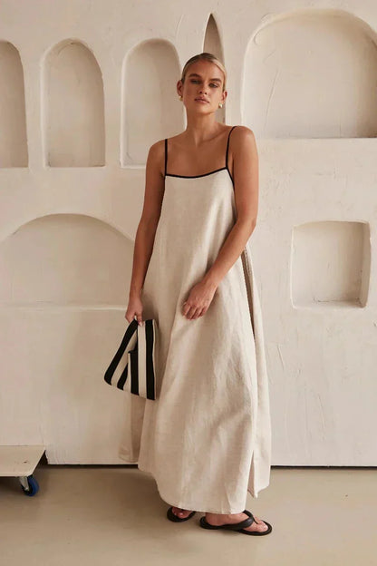 Ärmelloses Beiges Boho Maxi Kleid im Leinen-Look – Elin