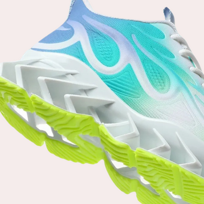 Damen-Laufschuh, blau-weiß, grüne Sohle, atmungsaktiv, rutschfest, modisches Design.