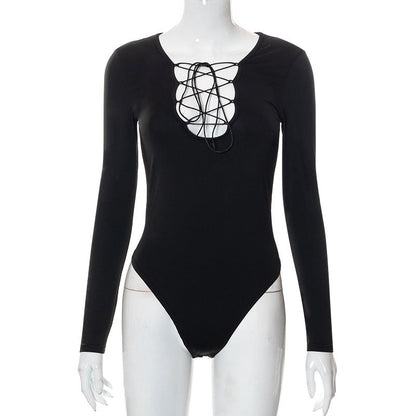 Trendy Damen Bodysuit mit Schnürung & tiefem V-Ausschnitt – Aveline