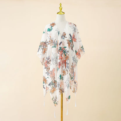 Kimono-Überwurf mit Blumenmuster und Fransen – Liora