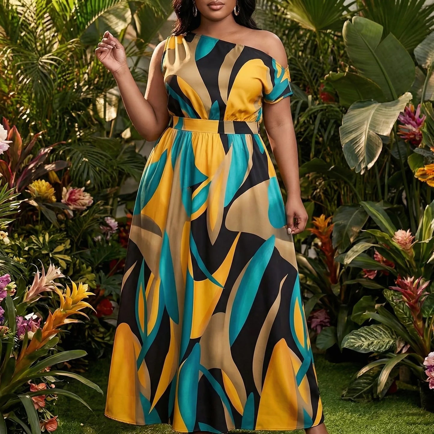 One-Shoulder Plus Size Maxikleid mit tropischem Print - Lora