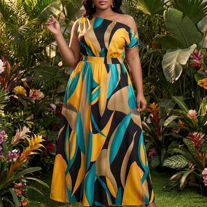 One-Shoulder Plus Size Maxikleid mit tropischem Print - Lora