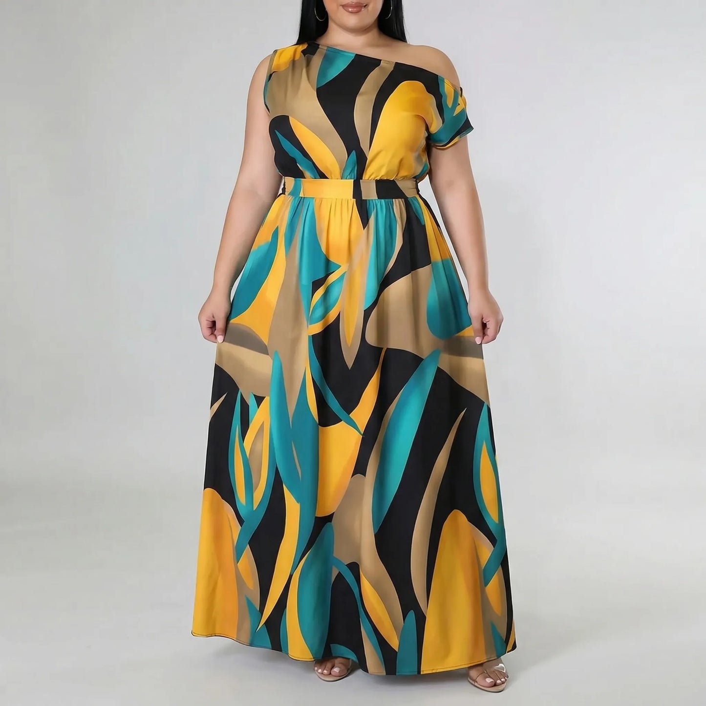 One-Shoulder Plus Size Maxikleid mit tropischem Print - Lora