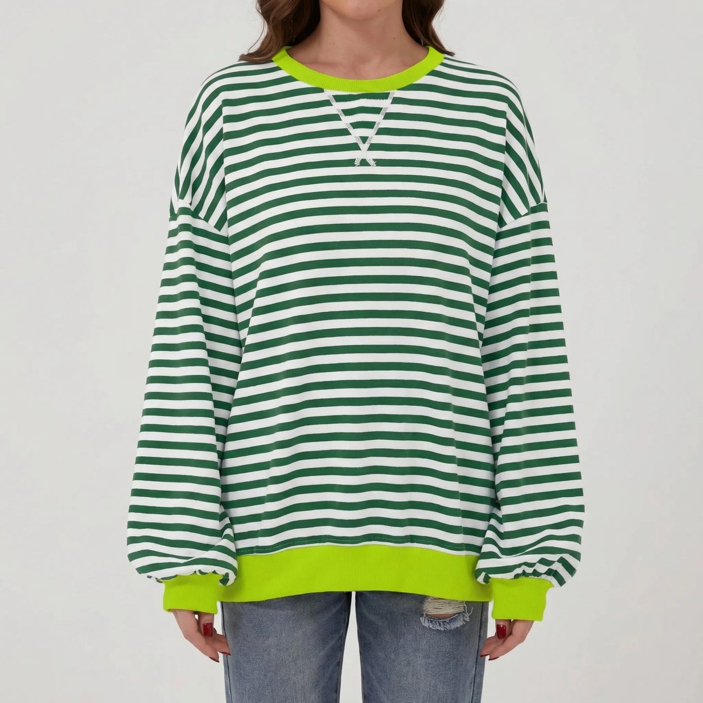 Oversized Striped Crew-Neck Sweatshirt - Holly