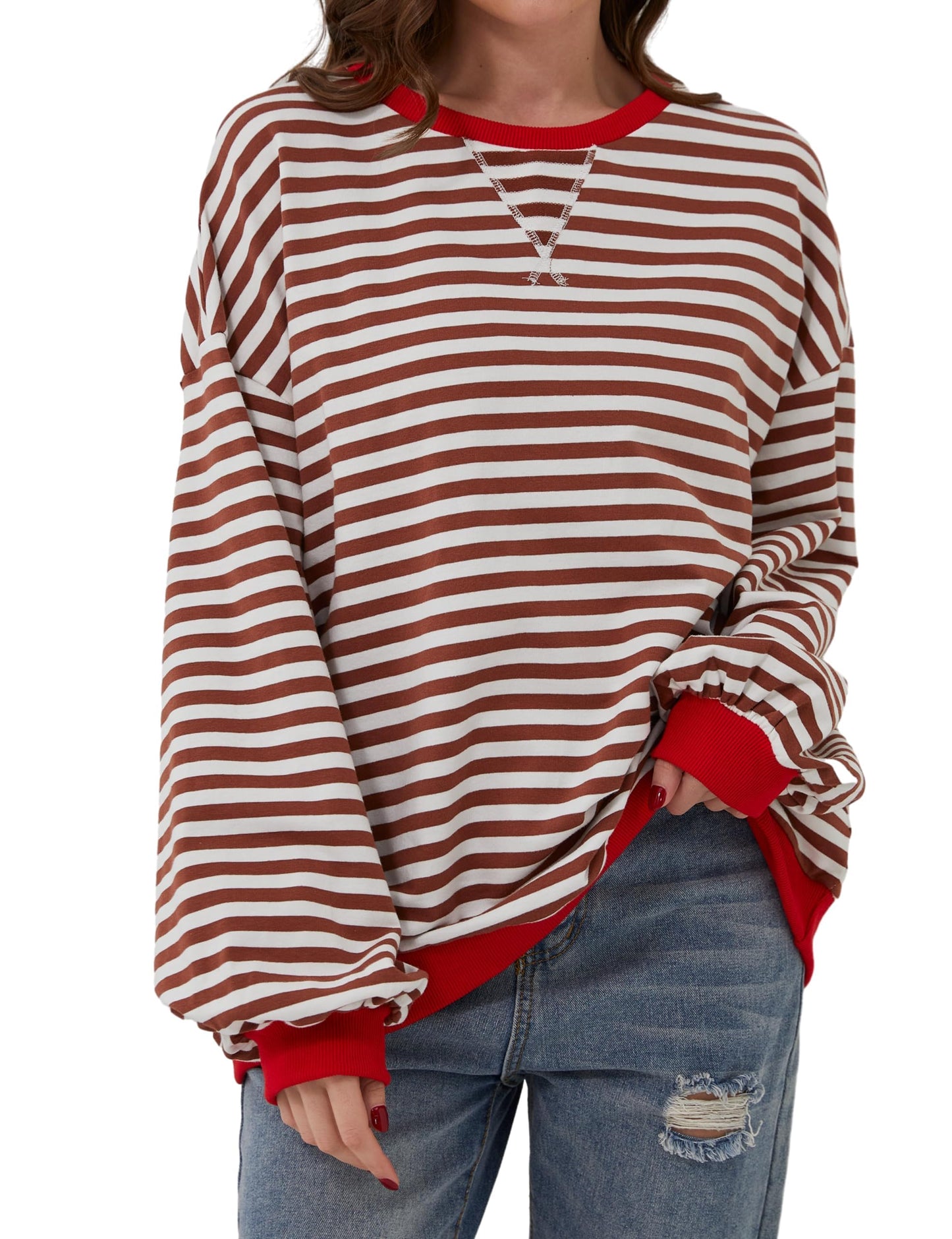 Oversized Striped Crew-Neck Sweatshirt - Holly