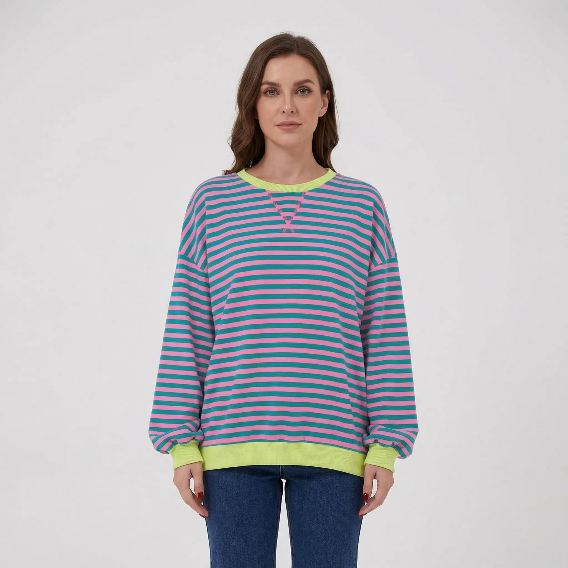 Oversized Striped Crew-Neck Sweatshirt - Holly