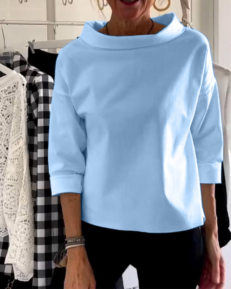 Damen Herbstbluse mit hohem Kragen und 3/4-Ärmeln – Mireille