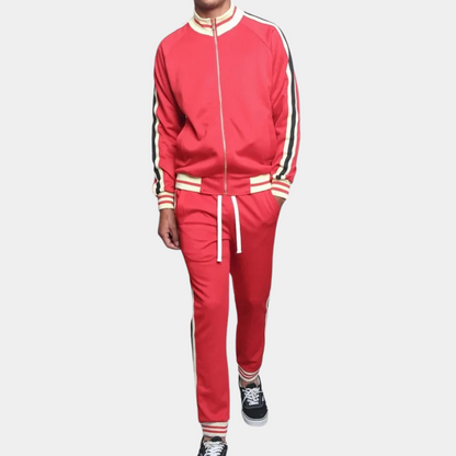 Roter Trainingsanzug mit Streifen, Herrenmode, Sportbekleidung, Freizeitanzug, Reißverschluss.