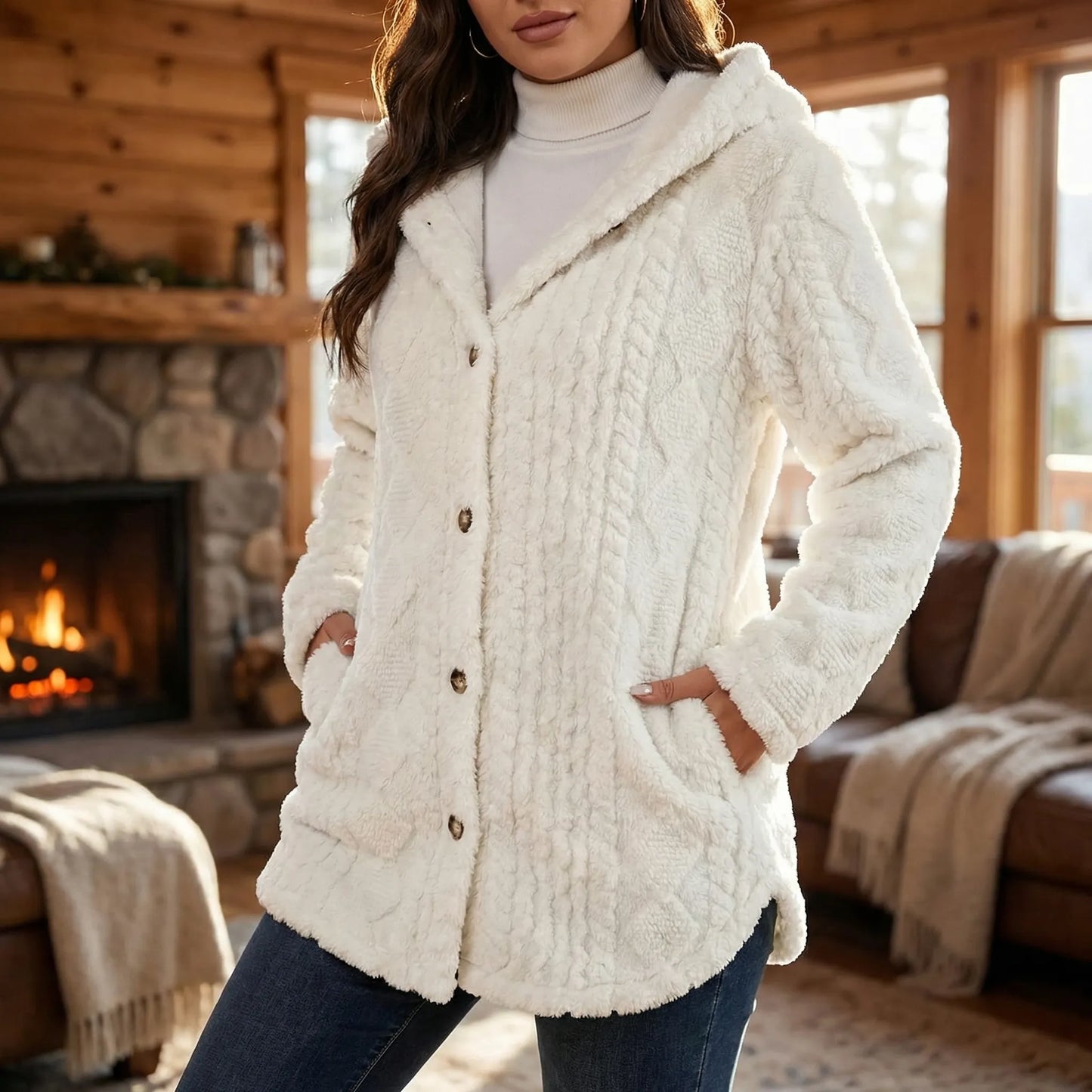 Plüschjacke Mit Kapuze Und Durchgehender Knopfleiste - Amy
