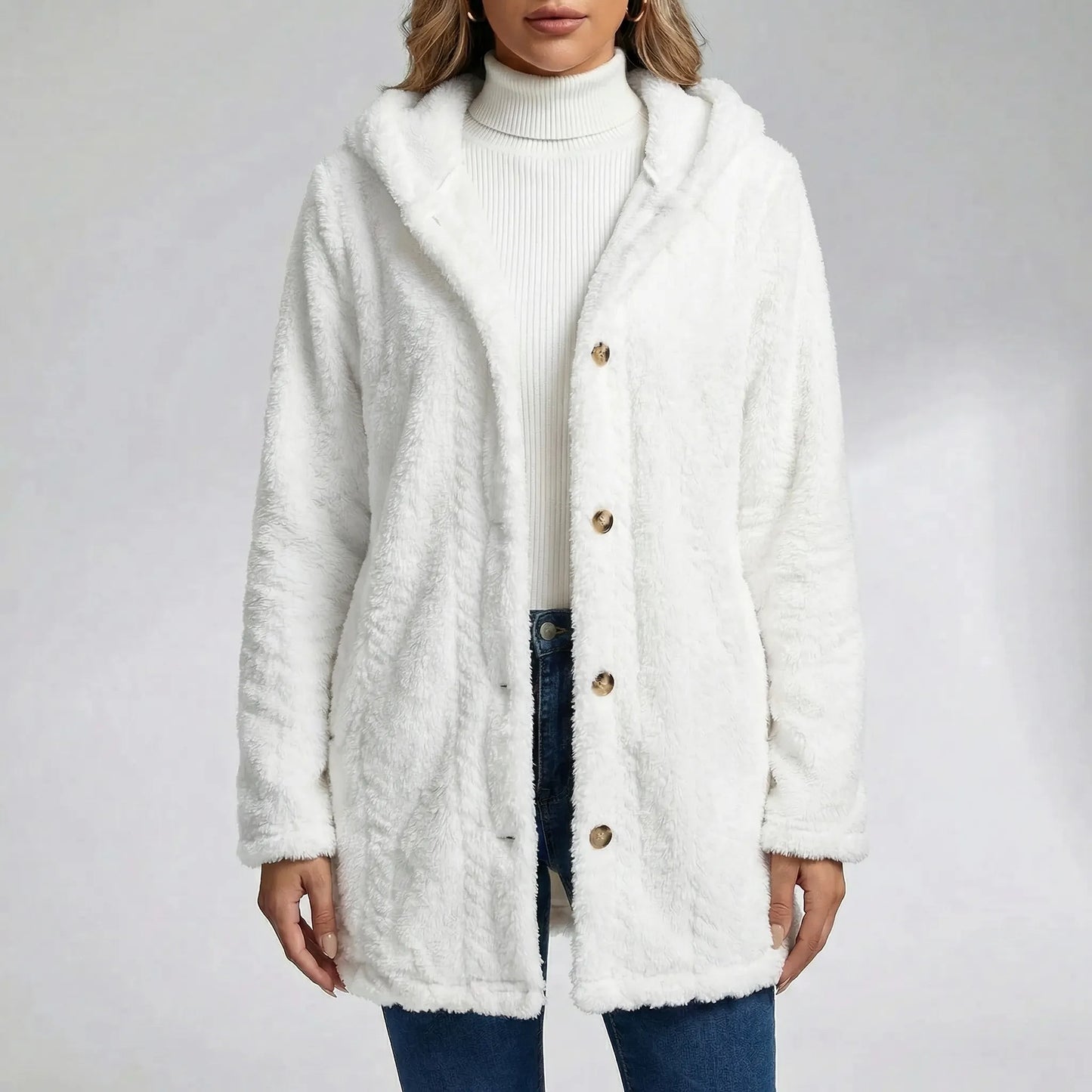 Plüschjacke Mit Kapuze Und Durchgehender Knopfleiste - Amy
