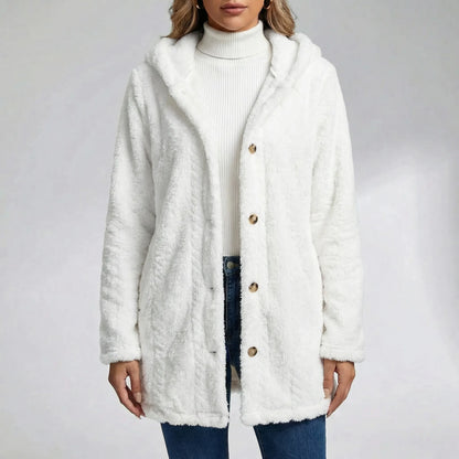 Plüschjacke Mit Kapuze Und Durchgehender Knopfleiste - Amy