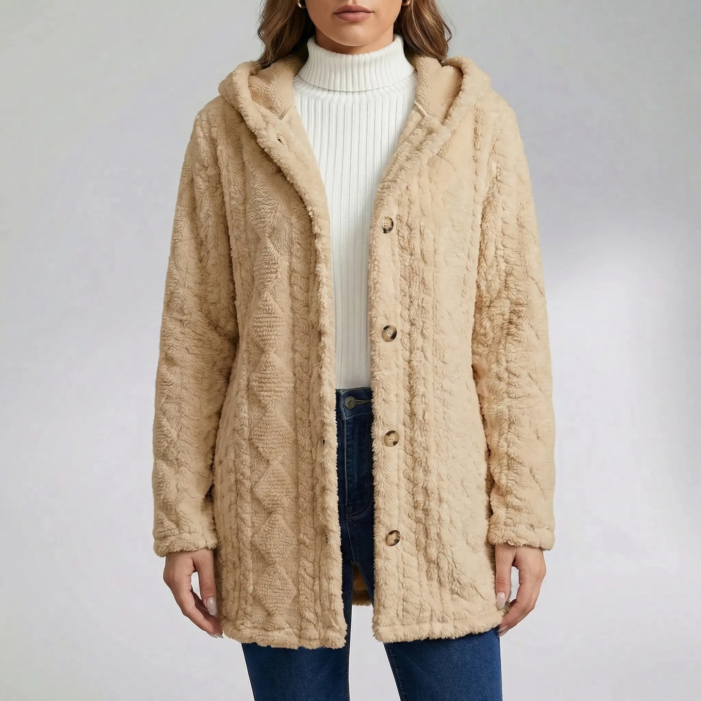 Plüschjacke Mit Kapuze Und Durchgehender Knopfleiste - Amy