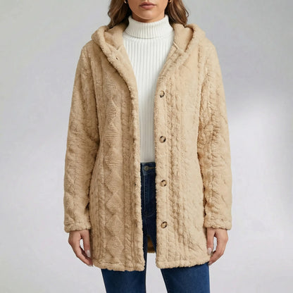 Plüschjacke Mit Kapuze Und Durchgehender Knopfleiste - Amy