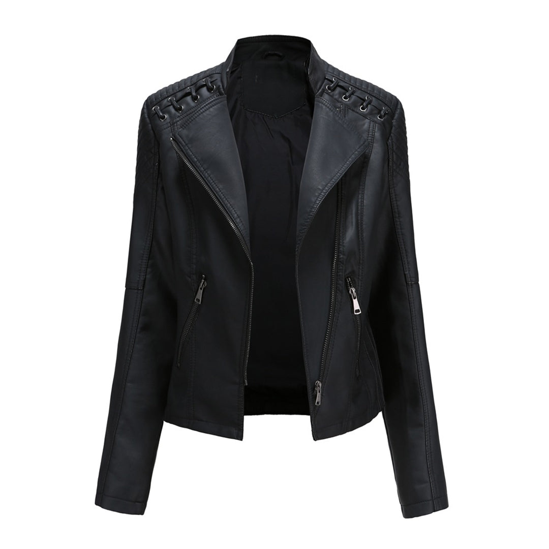 Schwarze Damen-Lederjacke mit Reißverschlüssen, Biker-Stil, modisch, elegant, hochwertig.