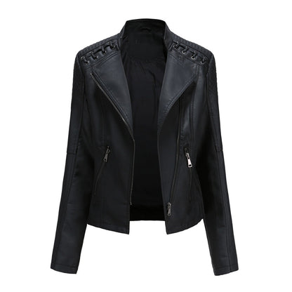 Schwarze Damen-Lederjacke mit Reißverschlüssen, Biker-Stil, modisch, elegant, hochwertig.