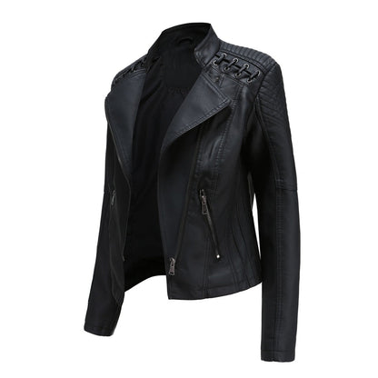 Schwarze Damen-Lederjacke mit Reißverschluss, Stehkragen und Steppnähten, modisch und elegant.