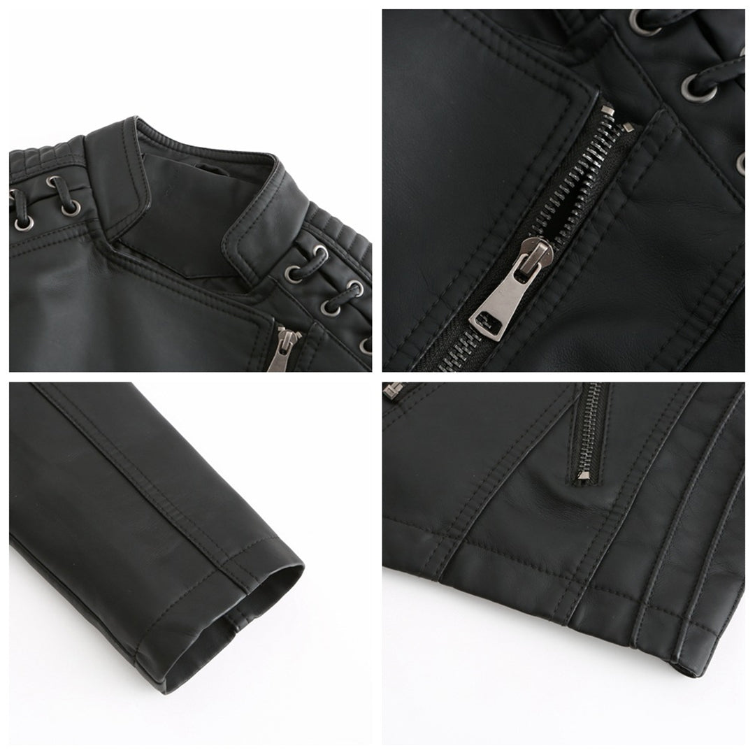 Schwarze Lederjacke mit Reißverschluss, modisches Design, Detailansicht, Herrenbekleidung.