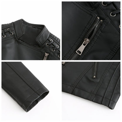 Schwarze Lederjacke mit Reißverschluss, modisches Design, Detailansicht, Herrenbekleidung.