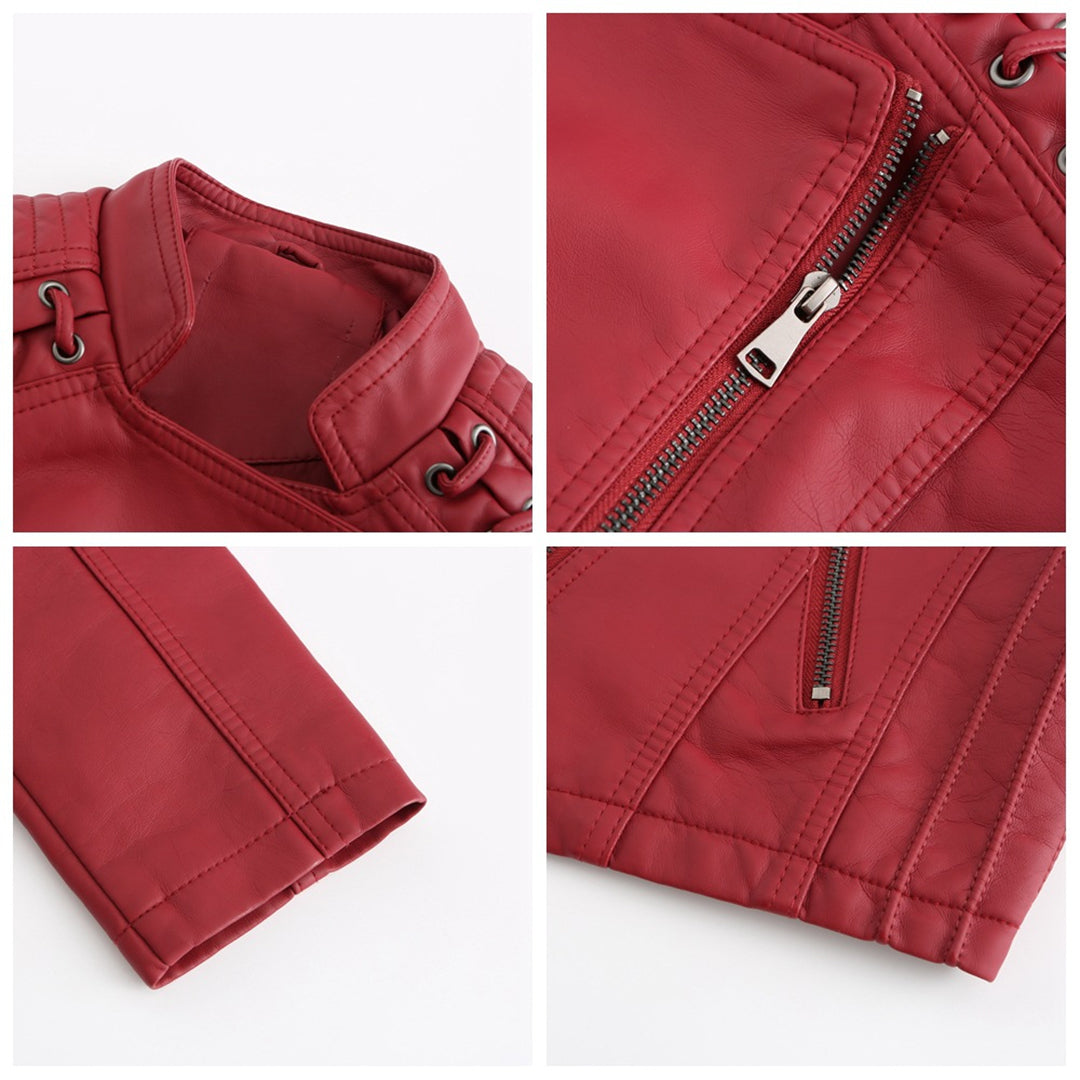 Rote Lederjacke mit Reißverschluss, modisches Design, hochwertige Verarbeitung, Damenbekleidung.