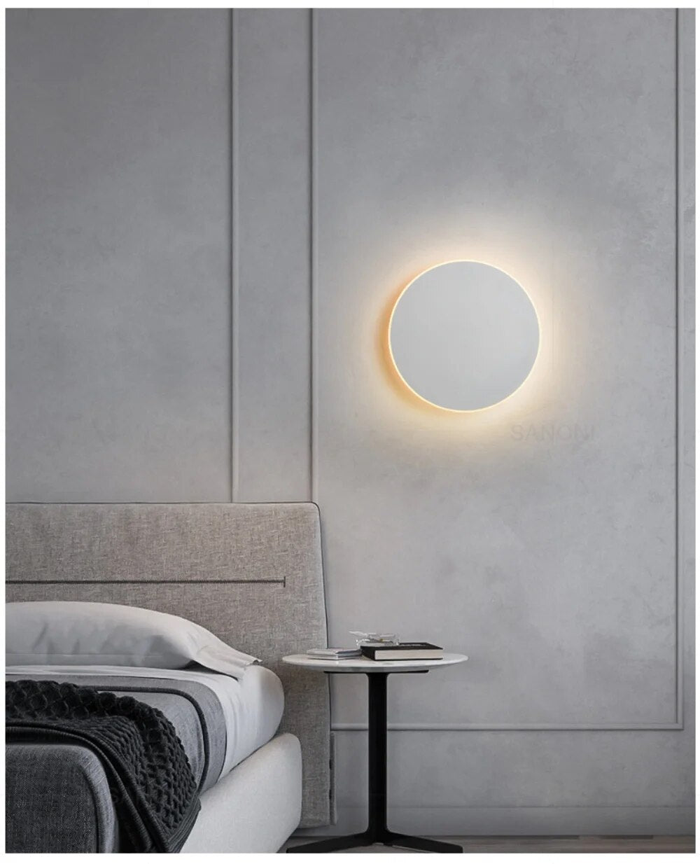 Minimalistische energiesparende runde Wandleuchte, modernes Design, warmweißes Licht.