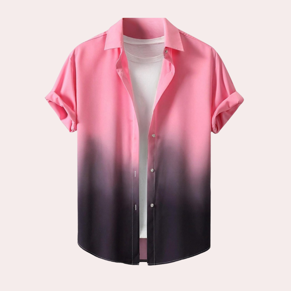 Rosa-weißes Ombre-Hemd, kurzärmelig, Knopfleiste, lässig, Herrenmode, Baumwolle.