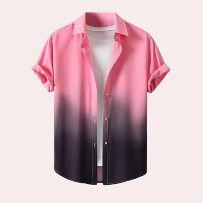 Rosa-weißes Ombre-Hemd, kurzärmelig, Knopfleiste, lässig, Herrenmode, Baumwolle.