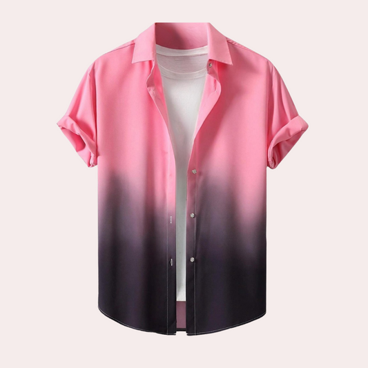 Rosa-weißes Ombre-Hemd, kurzärmelig, Knopfleiste, lässig, Herrenmode, Baumwolle.
