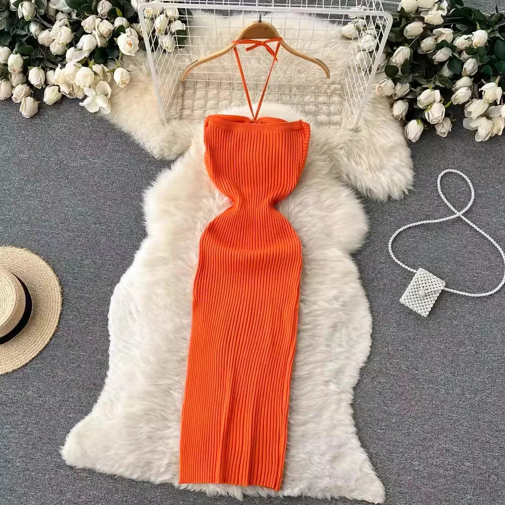 Trendy rückenfreies Maxi-Strickkleid mit Seitenschlitz für Damen (Einheitsgröße) – Liora