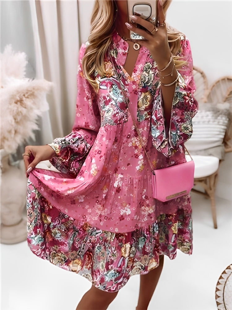 Blumenmuster Midi Kleid mit langen Ärmeln und Knopfleiste – Amelise
