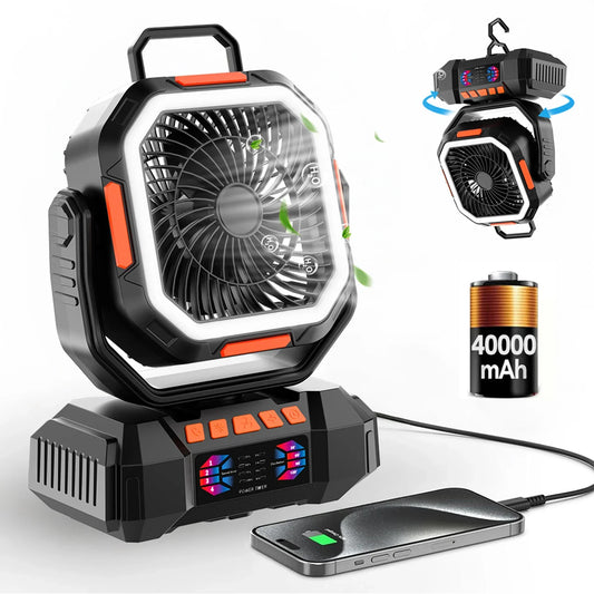 Wiederaufladbarer Campingventilator mit 40000mAh Batterie und LED-Lampe – F22