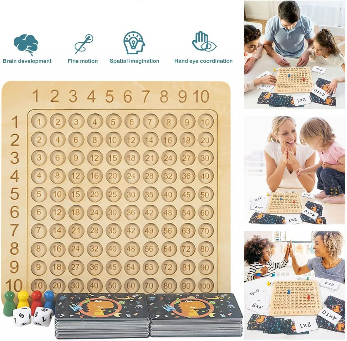 Lernspiel Holzbrett zur Multiplikation 1–10 mit Karten & Würfeln