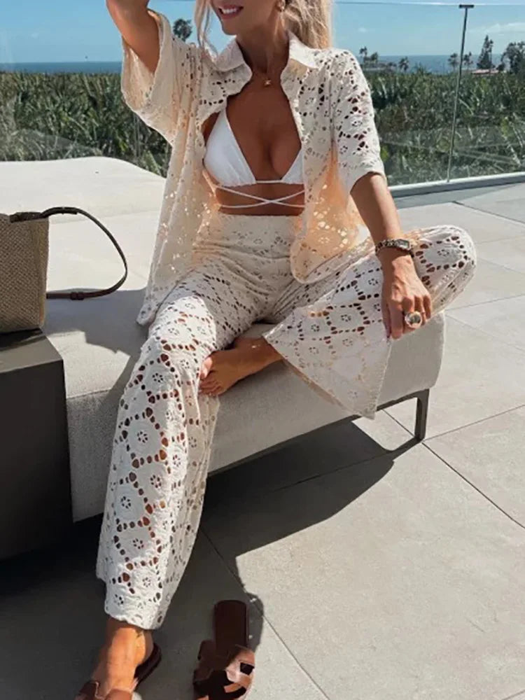 Zweiteiliges Damen Spitzen-Outfit mit Weiten Hosen – Livia