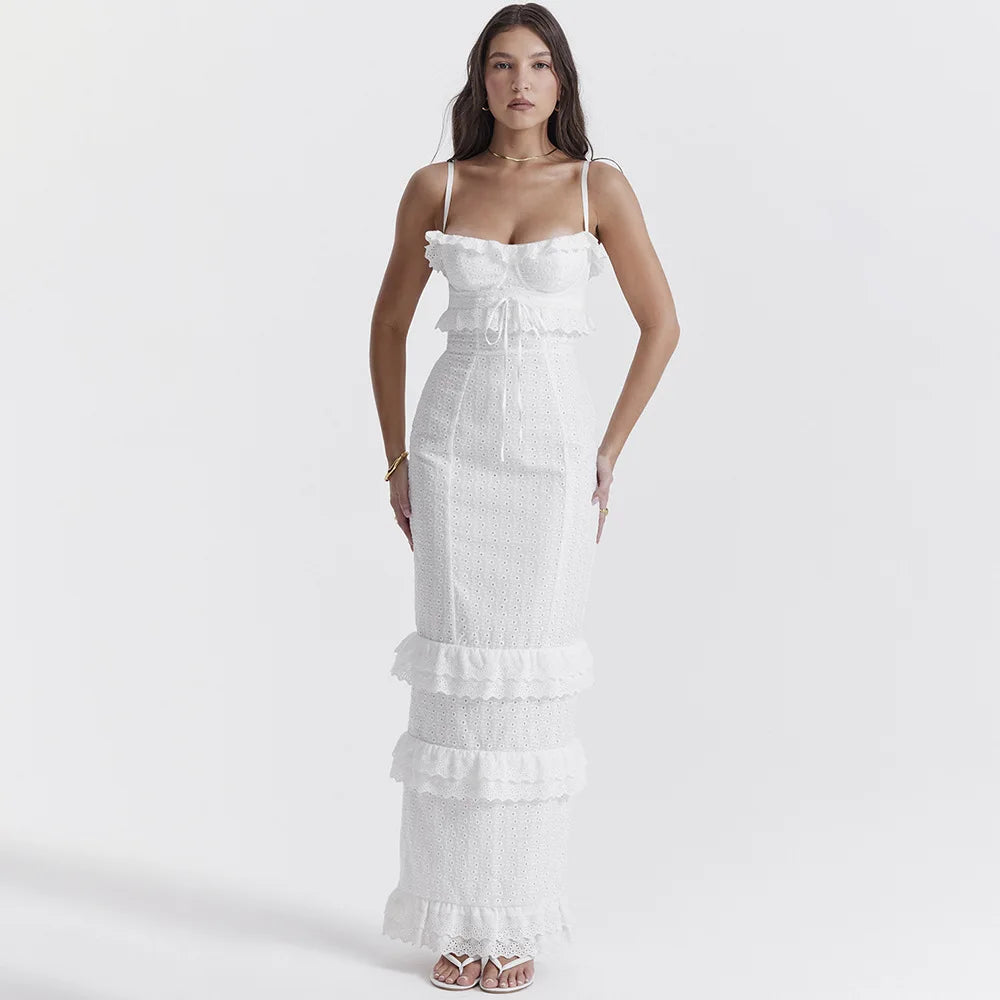 Stilvolles Besticktes Camisole Maxikleid in Weiß – Alina